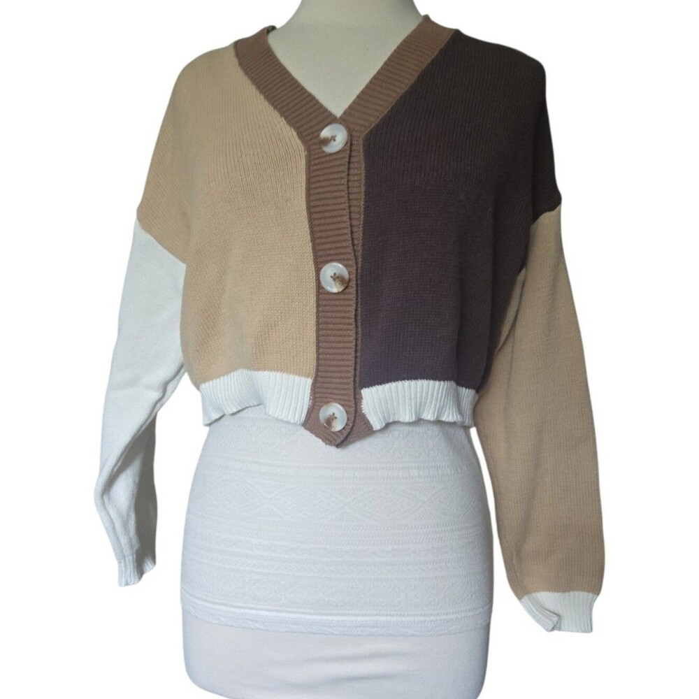 Papermoon Neutral Color Block Cropped Cardigan - M